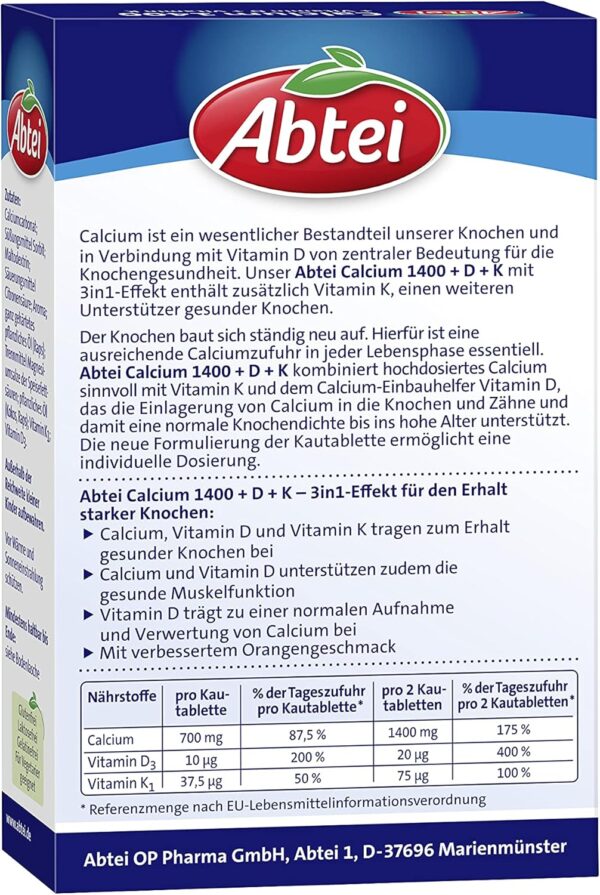 Abtei Calcium 1400 + D + K - hochdosiert - Mit Vitamin D und Vitamin K - Zum Erhalt gesunder Knochen und Muskelfuktion - Orangengeschmack, 30 Kautabletten – Bild 6