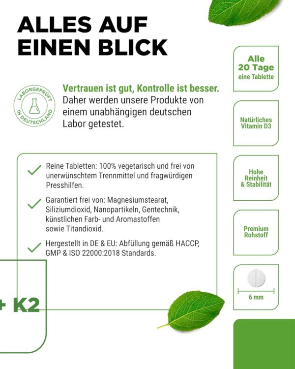 Vitamin D3 20.000 I.E + Vitamin K2 200 mcg Menaquinon MK7 Depot - 180 Tabletten - 99,7+% All-Trans - Laborgeprüft- Vegetarisch - Hochdosiert - Premium Qualität – Bild 5