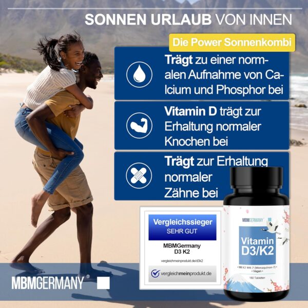 Vitamin D3 + K2 Tabletten - 180 Stück 5.000 i.E. [DEPOT] - Hochdosiert Vitamin D3 und 100 mcg Vitamin K2 pro EINER Tablette - Hochwertig: Manequinon MK7 - Laborgeprüft – Bild 3