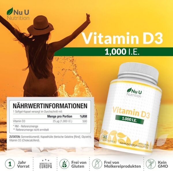 Vitamin D3 1.000 I.E. hochdosiert | für Knochen, Zähne & Immunsystem | Jahresversorgung | 100% Geld-zurück-Garantie | 365 Softgel-Kapseln | Nahrungsergänzungsmittel von Nu U Nutrition – Bild 2