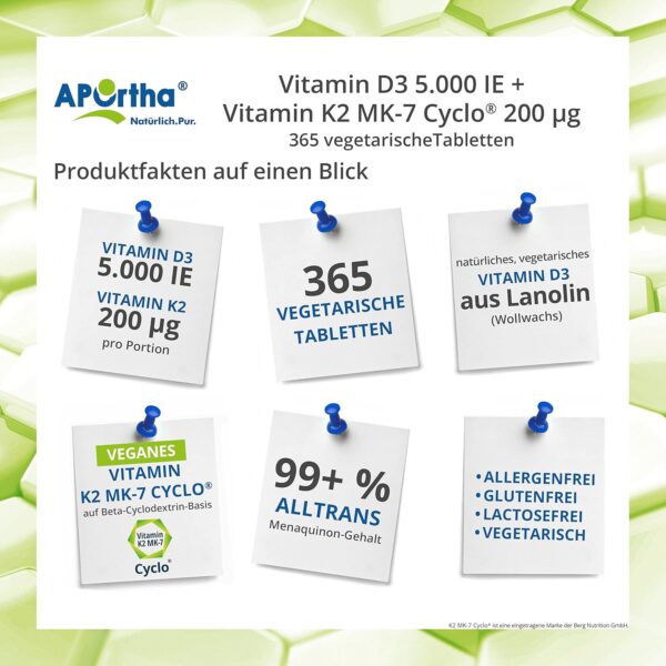 APOrtha Vitamin D3 5.000 I.E + 200 µg K2 99+% ALL-Trans, 365 vegetarische Tabletten hochdosiert u. teilbar, Premium Vitamin D und K Tablette leicht zu schlucken - Alternative zu Tropfen und Kapseln – Bild 2