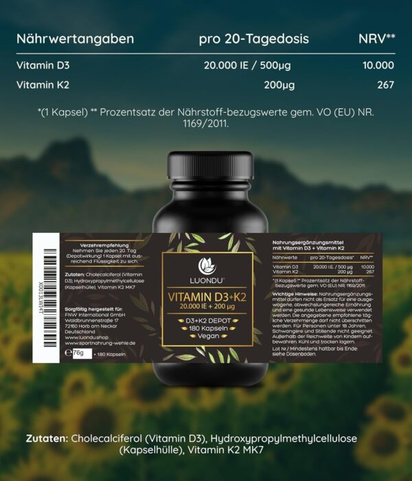 Luondu Vitamin D3 20.000 I.E + Vitamin K2 MK7 200 mcg Depot (Hochdosiert & Vegan) hochdosiert I Ohne Zusätze, Hergestellt in DE (180 Kapseln) – Bild 6