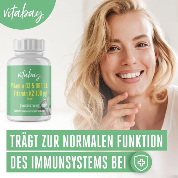 Vitabay Vitamin D3 K2 5000 IE - 180 Vegane Tabletten Vitamin D Hochdosiert - D3K2 Sonnenvitamine - Vit K2 D3 als Unterstützung für Immunsystem, Zähne, Knochen und Muskeln - Laborgeprüft – Bild 3