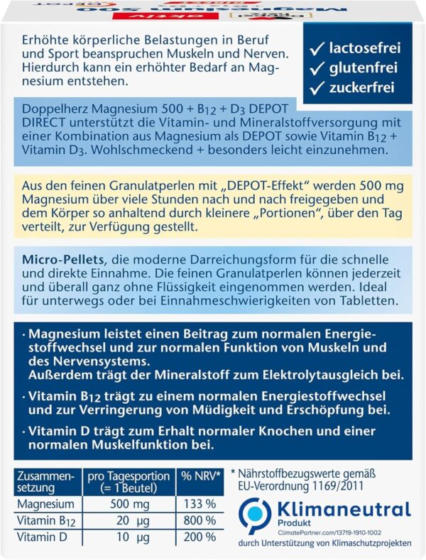 Doppelherz Magnesium 500 + B12 + D3 DIRECT mit DEPOT-Funktion - Magnesium als Beitrag für die normale Funktion der Muskeln und des Nervensystems - 20 Portionen Micro-Pellets – Bild 2