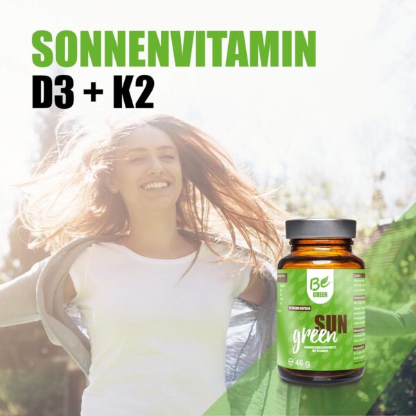 BeGreen Sun Green, Vitamin D3-K2-Magnesium-Omega-3-Kapseln hochdosiert, 3.000 IE Vitamin D3 und 150 µg Vitamin K2 pro Kapsel, 100% vegan ohne Zusätze, 60 Stück, in Deutschland hergestellt – Bild 6