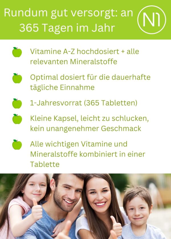 N1 Multivitamin Tabletten hochdosiert - Alle Vitamine + Mineralien - 365 Tabl. Jahresvorrat - vegetarisch - Nahrungsergänzungsmittel – Bild 2