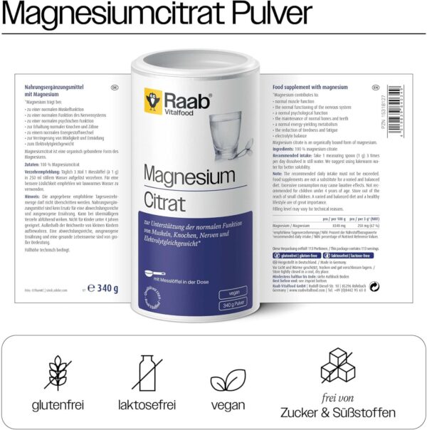 Raab Vitalfood® Magnesiumcitrat Pulver (340 g) - 100% Magnesiumcitrat ohne Zusätze, gut zu dosieren, ideal für Sportler - für Muskeln, Nerven, Elektrolyt-Haushalt - laborgeprüft, vegan – Bild 5