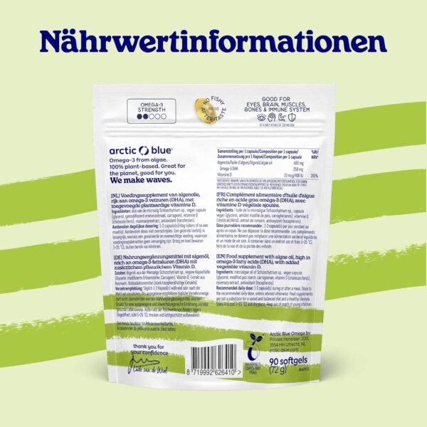 Arctic Blue Vegane Omega 3 Kapseln - 90 Stück - Algenöl mit Vitamin D3 – hochdosiert mit DHA – aus nachhaltigem, kontrolliertem Anbau und frei von Schadstoffen – Bild 2