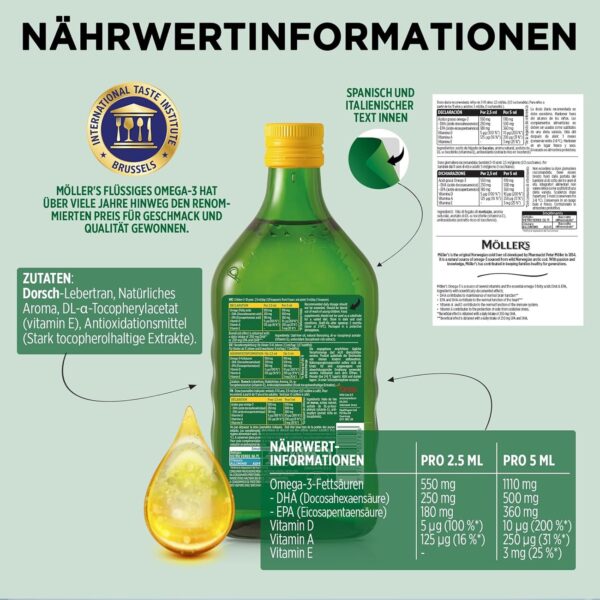 Möller's Omega 3 Lebertran Öl | Nordic Omega 3 Nahrungsergänzung mit EPA, DHA, Vitamin A, D, E | Superior Taste Award | Hochreiner natürlicher | 165 Jahre alte Marke | Zitrone | 500 ML – Bild 3