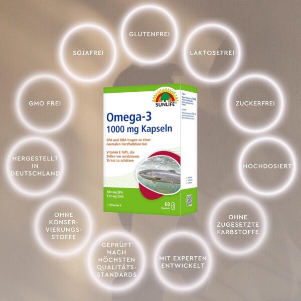SUNLIFE Omega 3 Kapseln hochdosiert - 1 x 60 Stück - 1000mg Omega 3 Fischöl Kapseln - Omega 3 Öl Kapseln mit 180mg EPA & 120mg DHA - gluten- & laktosefrei - hochwertige Fischöl Omega 3 Kapseln – Bild 6