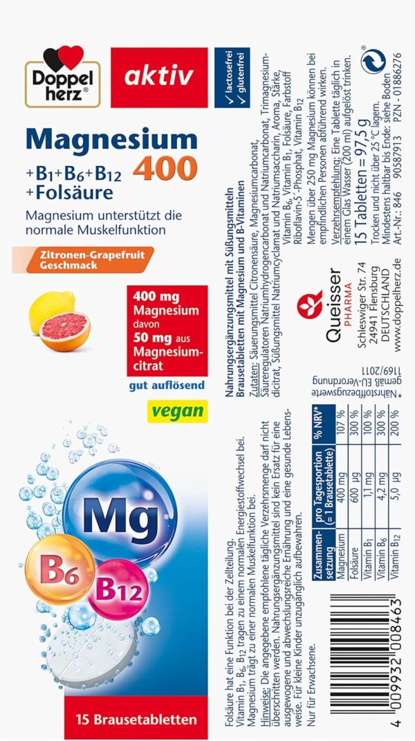Doppelherz Magnesium 400 + B1 + B6 + B12 + Folsäure - Magnesium als Beitrag für die normale Muskelfunktion - vegan - 15 Brausetabletten mit Zitronen-Grapefrucht-Geschmack – Bild 3