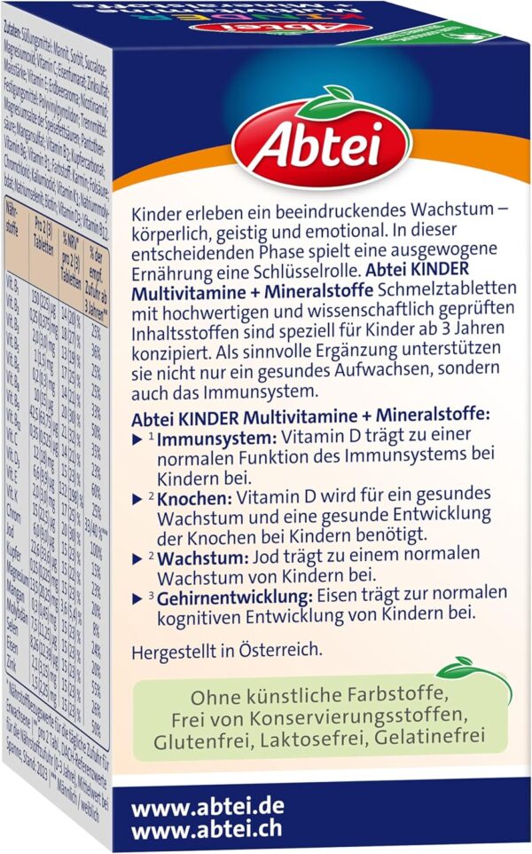 Abtei Kinder Multivitamine + Mineralstoffe - Für ein gesundes Aufwachsen* von Kindern - Ab 3 Jahren - Mit 21 wichtigen Nährstoffen - Glutenfrei, Laktosefrei, Gelatinefrei - 75 Schmelztabletten – Bild 4