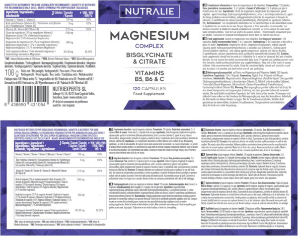 Magnesium Glycinat + Citrat - Komplex mit B6 B5 C Hochdosiert - 2145mg Magnesium Kapseln mit Vitamine B6 B5 und C + Magnesium Glycinat + Magnesiumcitrat -120 Magnesium Vegan Kapseln - Nutralie – Bild 5
