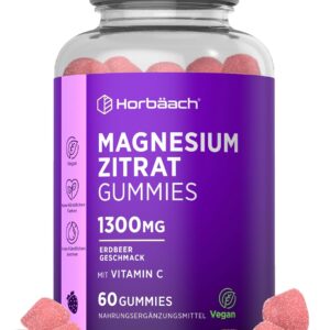 Magnesium Gummibärchen 1300mg | Magnesiumcitrat Gummies mit Vitamin C | Für Müdigkeit, Nervensystem & Elektrolyte (EFSA) | Alternative zu Eisentabletten | 60 Vegane Gummies | by Horbaach