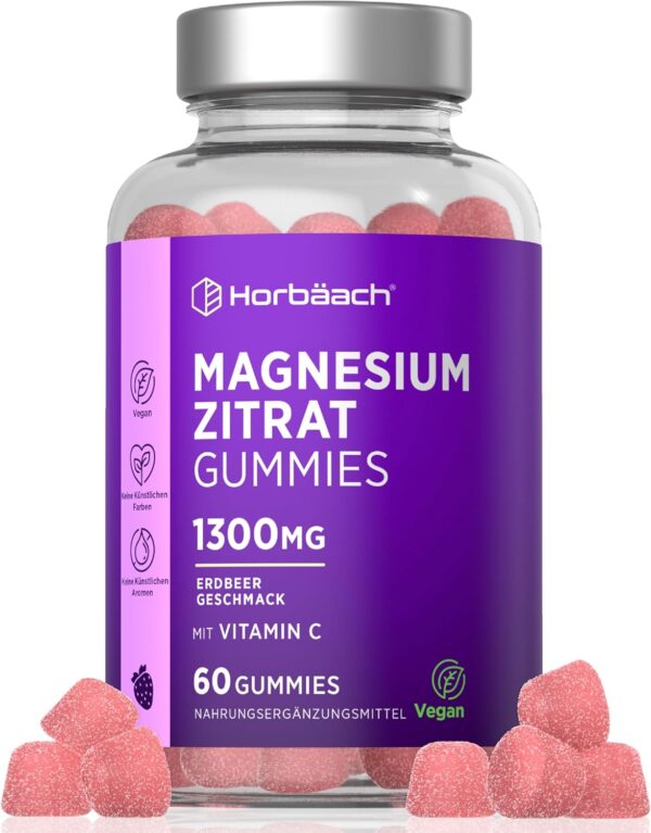 Magnesium Gummibärchen 1300mg | Magnesiumcitrat Gummies mit Vitamin C | Für Müdigkeit, Nervensystem & Elektrolyte (EFSA) | Alternative zu Eisentabletten | 60 Vegane Gummies | by Horbaach