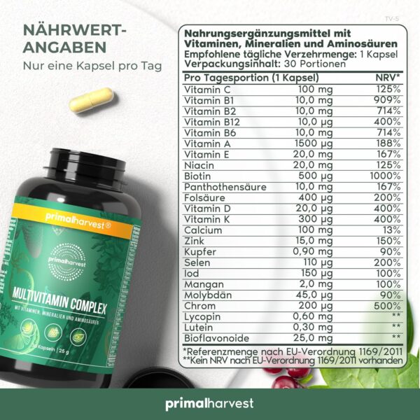 Primal Harvest® Multivitamin Tabletten (30 Portionen) - Hochdosiert - Kapseln mit essenziellen Vitaminen - Vitamin A,C,D,K und Mineralstoffen wie Biotin,Zink,Folsäure - Vitamintabletten – Bild 2