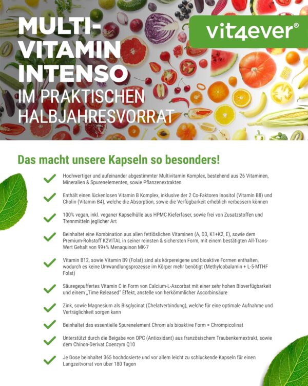 Premium Multivitamin A-Z - 365 hochdosierte Kapseln mit 26 Bioaktiv-Formen & Markenrohstoffe - Vitamine + Mineralien - All In One Komplex - Vegan – Bild 2