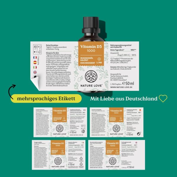 NATURE LOVE® Vitamin D3 1000 (50ml flüssig) – Laborgeprüfte 1000 I.E. pro Tropfen – in MCT-Öl aus Kokos – Vitamin D hochdosiert – hoch bioverfügbar, sehr hohe Stabilität und ohne unnötige Zusätze – Bild 6