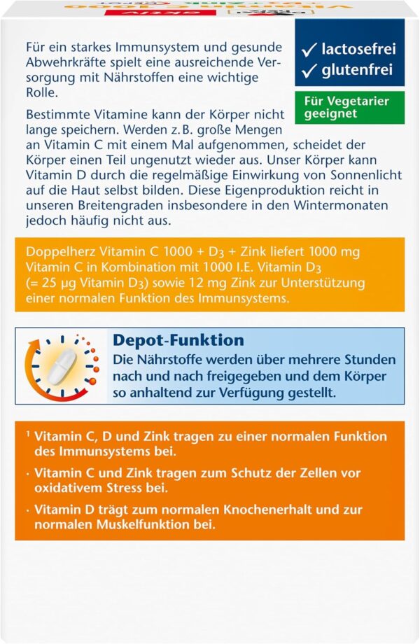 Doppelherz Vitamin C 1000 + D3 + Zink - Hochdosiert mit Vitamin C und Vitamin D zur Unterstützung des Immunsystems und zum Schutz der Zellen - 100 DEPOT-Tabletten – Bild 3