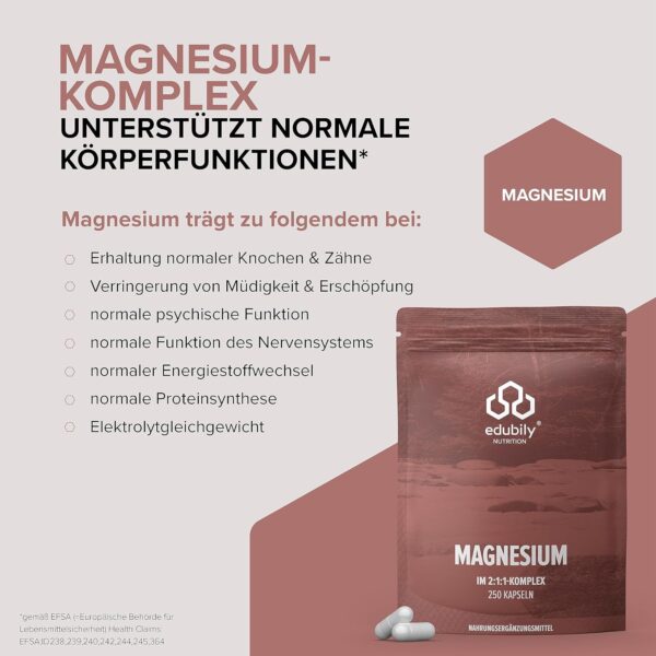 edubily nutrition® Magnesium Komplex Kapseln • Magnesiummischung aus Magnesiumglycinat, Magnesiumcitrat & Magnesiumcarbonat • Ohne Magnesiumstearat • Mit Vitamin B6 (P5P) • Vegan (250 Kapseln) – Bild 5