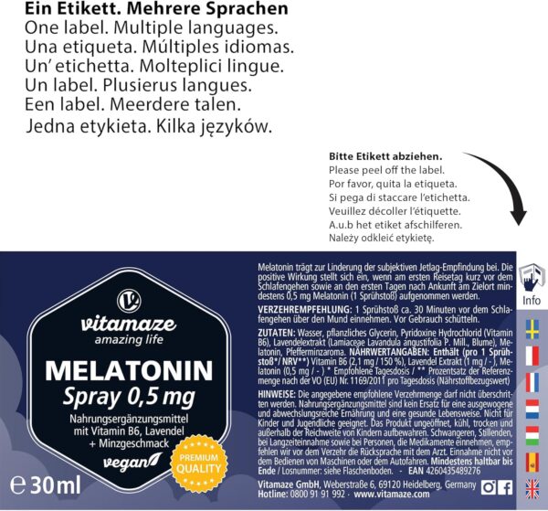 Melatonin Spray hochdosiert & vegan, 0,5 mg Melatonin pro Tagesdosis, 30 ml für 6 Monate, mit Lavendel Extrakt, Vitamin B6 und Minz Geschmack – Bild 4