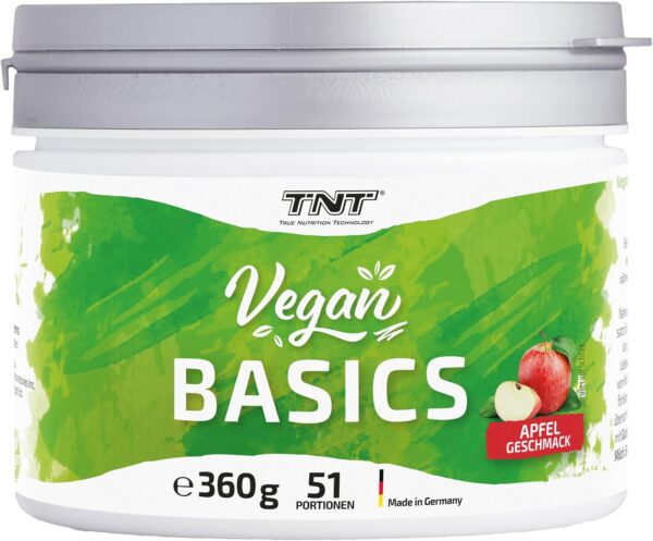 TNT Vegan Basics Pulver (360g) • Multivitamin Komplex hochdosiert + Creatine Monohydrate (Creapure®) • Vitamine und Mineralien für Veganer • (Apfel)