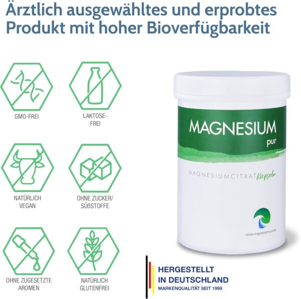 Magnesium-pur Magensiumcitrat Kapseln vegan 250 Stück Dose, hochdosiert 100mg Magnesiumcitrat pro Kapsel – Bild 3