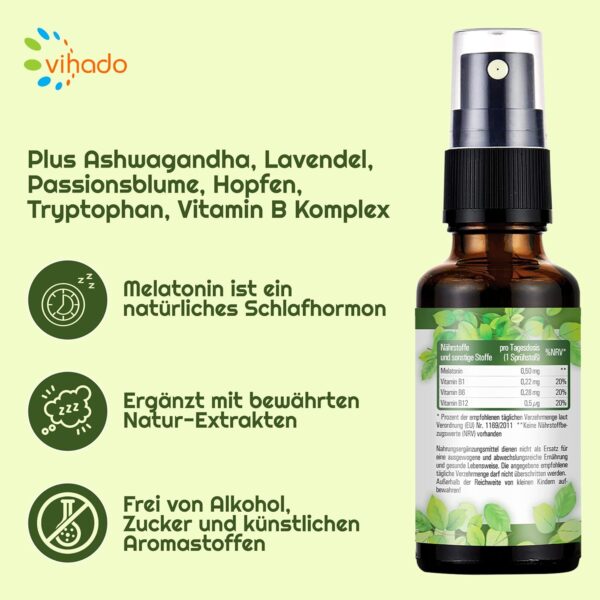 Vihado Natur Melatonin Spray - Plus: Ashwagandha, Lavendel, Tryptophan, Vitamin B Komplex - 180 Tage Vorrat - Melatonin Spray hochdosiert - Mit gereinigtem Osmosewasser - vegan, 30 ml – Bild 4