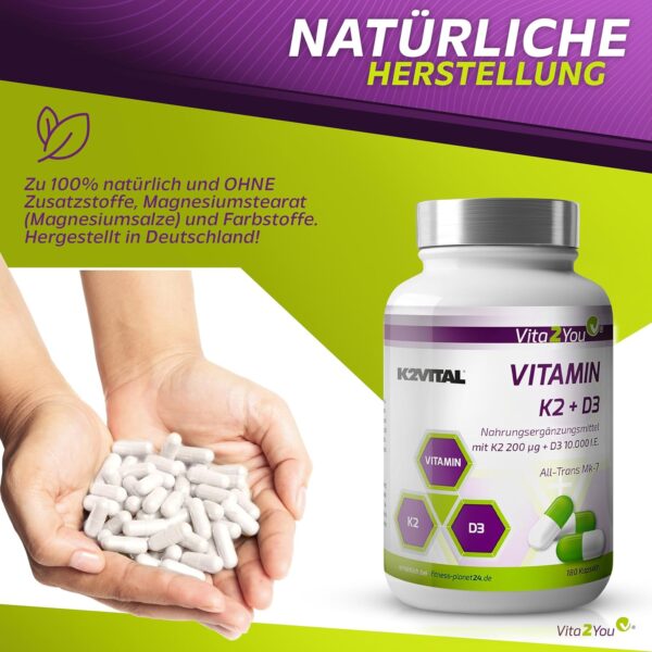 Vita2You Vitamin D3 + K2-180 Kapseln - Vitamin D3 10.000 IE + Vitamin K2 (MK-7) 200µg - Original K2VITAL® von Kappa - Premium Qualität – Bild 5