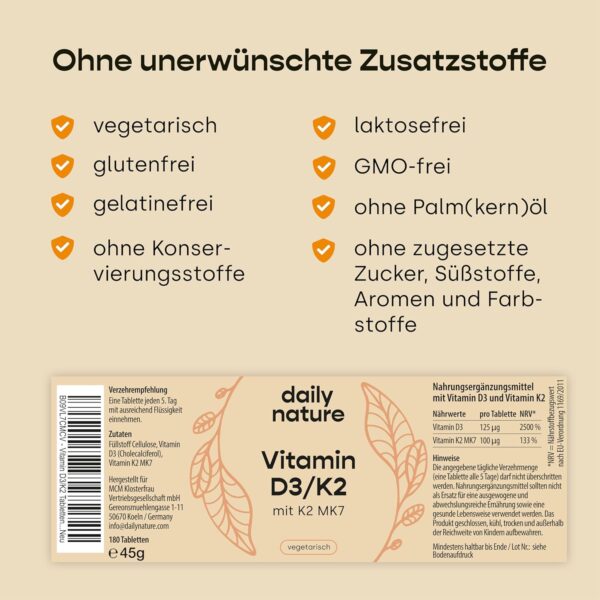 dailynature Vitamin D3 + K2 | 180 Tabletten mit je 5.000 IE D3 hochdosiert + 100 µg K2 | Nahrungsergänzungsmittel - vegetarisch, ohne unerwünschte Zusätze, glutenfrei & laktosefrei | laborgeprüft – Bild 6
