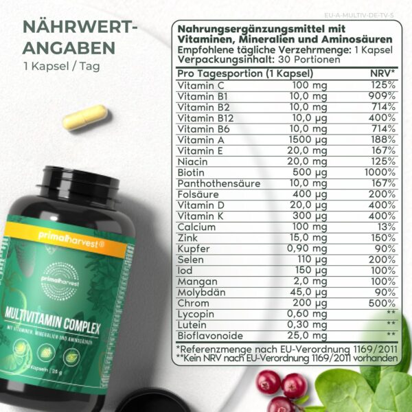 Primal Harvest® Multivitamin Tabletten (30 Portionen) - Hochdosiert - Kapseln mit essenziellen Vitaminen - Vitamin A,C,D,K und Mineralstoffen wie Biotin,Zink,Folsäure - Vitamintabletten – Bild 10