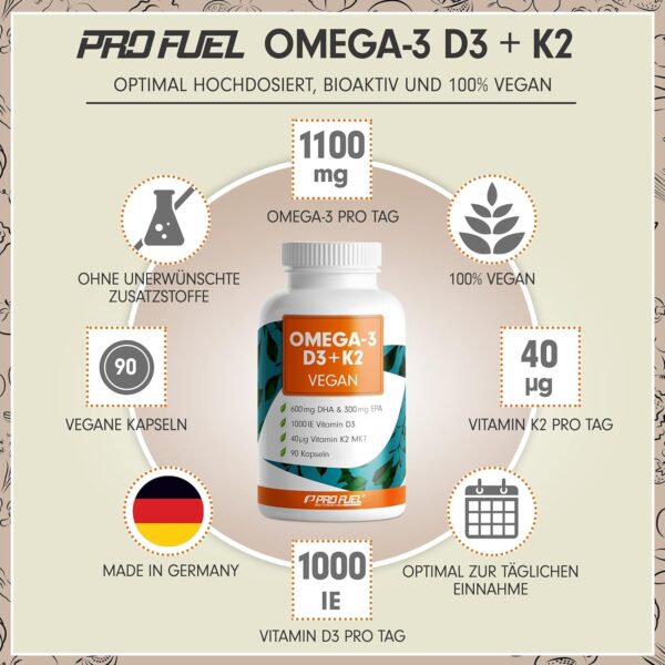 Omega-3 vegan + D3 & K2 (90x), 1100mg Algenöl mit 600mg DHA & 300mg EPA + 1000 IE Vitamin D3 + 40 µg Vitamin K2 - O3 D3 K2 vegan Essentials - Omega-3 Kapseln hochdosiert, bioverfügbar & laborgeprüft – Bild 2