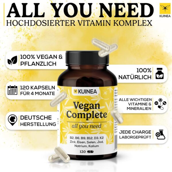 Vegan Complex - All in one Vitamine I 4-MONATS-VORRAT I Vitamin B12 Vegan+D3+K2+B2+B9+B6 + Zink + Eisen + Selen + Jod + Natrium + Kalium - Vegan Vitamine, Vegan Supplements – Bild 2