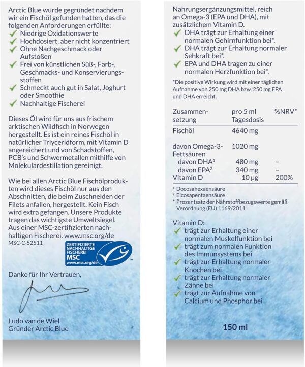 Arctic Blue Omega 3 Fischöl – 150 ml flüssig – MSC-Zertifiziert – hochdosiert mit DHA, EPA und Vitamin D – ohne Aufstoßen oder Fischgeruch – arktisches Fischöl – Orangengeschmack – Bild 4