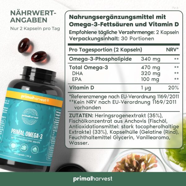 Primal Harvest ® Omega 3 Fischöl (30 Portionen) - 60 Omega 3 Kapseln in leicht zu schluckender Softgel-Form - 470mg EPA & DHA aus nachhaltig gefangenem norwegischem Fisch – Bild 2