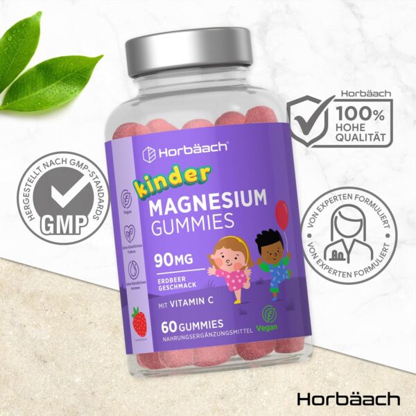Magnesium Gummibärchen Kinder 90mg mit Vitamin C | 60 Magnesiumcitrat Vegane Gummies - 2 Monate Vorrat | Alternativ zu Kapseln & Tabletten | Magnesium Supplement for Children | von Horbaach – Bild 6