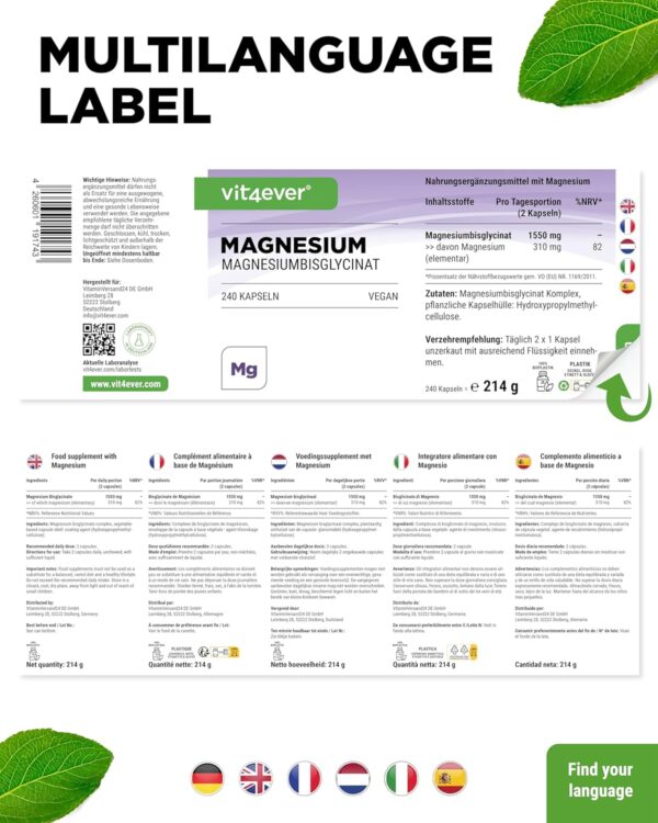Magnesiumbisglycinat - 240 Kapseln - Premium: Chelatiertes Magnesium - 155 mg elementares Magnesium pro Kapsel - Laborgeprüft - Vegan - Hochdosiert – Bild 7