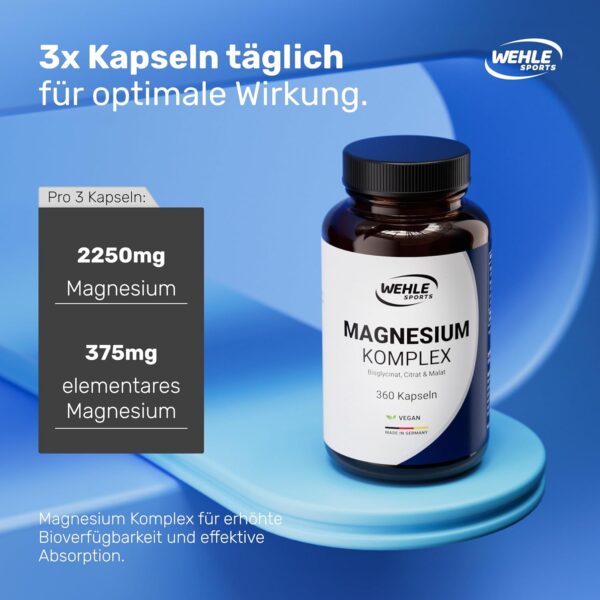 Magnesium Komplex 375mg elementares Magnesium je Tagesdosis. Magnesiumbisglycinat Magnesiumcitrat Magnesiummalat, hochdosiert, vegan (180 Kapseln) – Bild 5