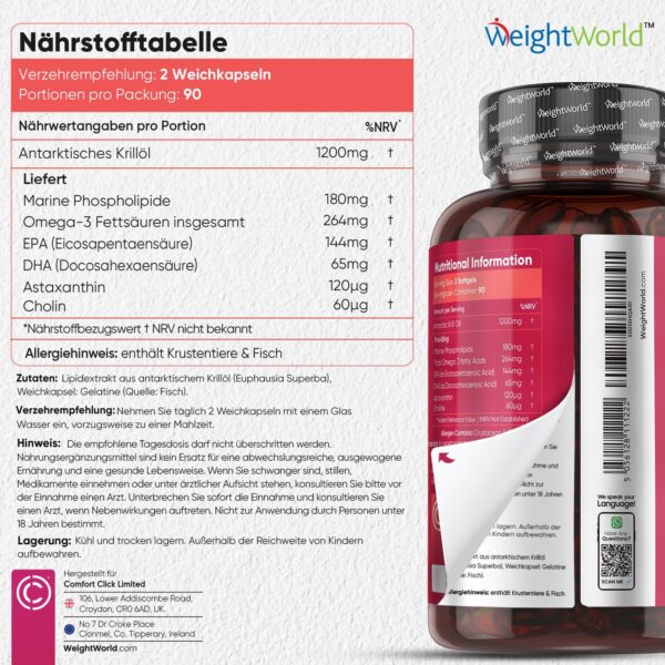 Omega 3 Krillöl Kapseln - 1200mg mit Astaxanthin & Cholin - 180 Weichkapseln für 3 Monate - EPA & DHA für Herz & Blutdruck (EFSA) - Alternative zu Fischöl & Lebertran - Antarktis Krill - WeightWorld – Bild 5