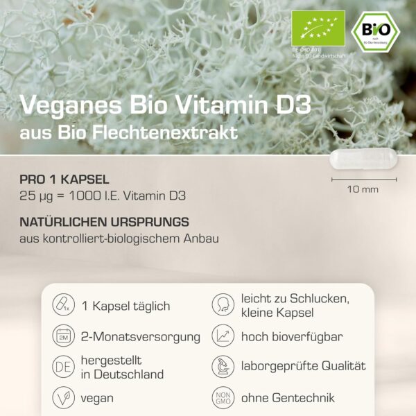 Bio Vitamin D3 Kapseln vegan | Bio Vitamin D3 vegan | aus Flechtenextrakt aus kontrolliert-biologischem Anbau | im Glas | 1 Kapsel = 25 µg = 1000 I.E. | 2-Monatsversorgung | laborgeprüft – Bild 2