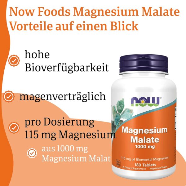 Now Foods, Magnesium Malate, 1.000mg, 180 vegane Tabletten, Laborgeprüft, Glutenfrei, Sojafrei, Vegetarisch – Bild 5