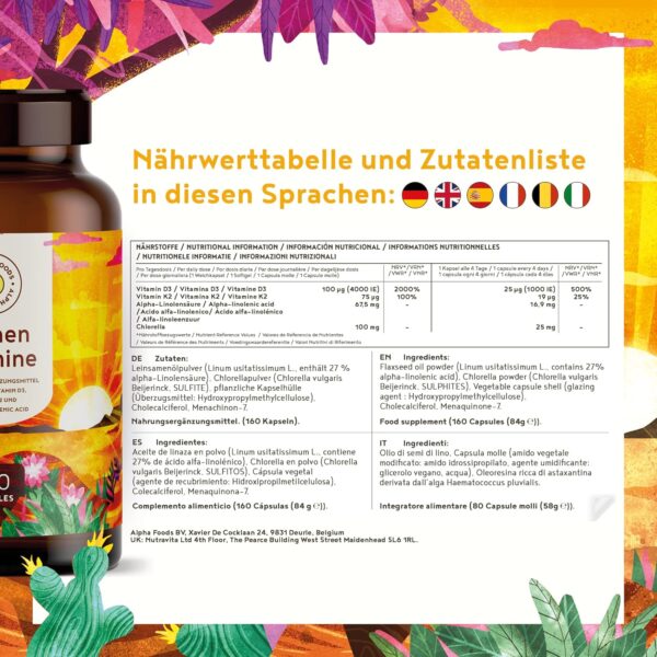 Vitamin D3 + K2 - hochdosiert 4.000 IE - 160 Kapseln - vitaMK-7, 99,99% All-Trans und pflanzliche Omega 3 Fettsäuren aus Leinsamen und Algen - SONNENVITAMINE – Bild 3