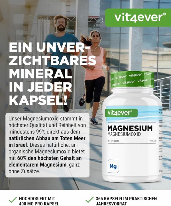 Magnesium - 365 Kapseln (12 Monate) - 665 mg je Kapsel, davon von 400 mg elementares Magnesium - Laborgeprüft - Hochdosiert - Ohne unerwünschte Zusätze - Vegan – Bild 2