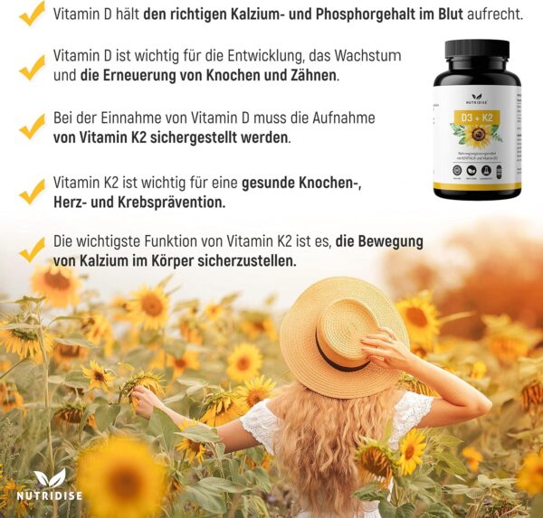 Nutridise Vitamin D3 + K2 Kapseln – 1000 IE D3 + 100 µg K2VITAL MK7 99,99% Trans-Form – optimales D3 / K2 Verhältnis - hochdosiert, laborgeprüft - 180 Kapseln – Bild 3
