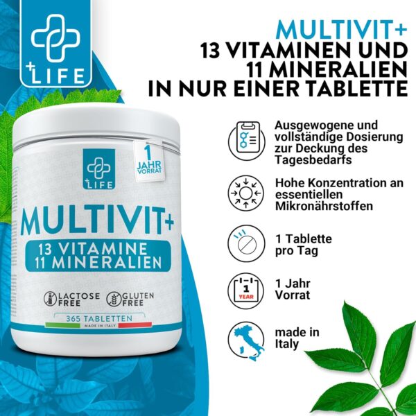 +LIFE - Multivitamin Tabletten Hochdosiert, Multivitamin mineral komplex, Piulife® 365 Tabletten mit 24 Vitaminen und Mineralien, Multivitamin-Ergänzung Frauen Männer Kinder, Erwachsene Immunabwehr – Bild 3