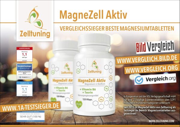 Magnesium Hochdosiert Kapseln - MagneZell Aktiv, Magnesium Komplex Vegan - 120 Magnesium Pulver Kapseln, Mit Vitamin B6 und Taurin - Zelltuning Magnesium Ohne Zusatzstoffe aus Deutschland – Bild 2