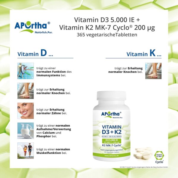 APOrtha Vitamin D3 5.000 I.E + 200 µg K2 99+% ALL-Trans, 365 vegetarische Tabletten hochdosiert u. teilbar, Premium Vitamin D und K Tablette leicht zu schlucken - Alternative zu Tropfen und Kapseln – Bild 4