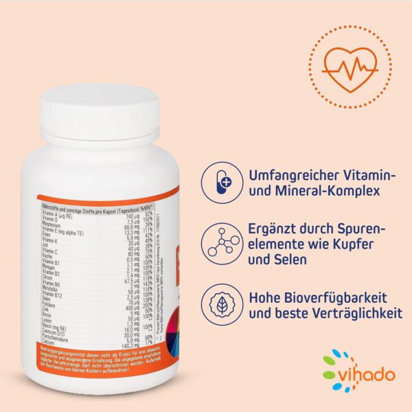 Vihado Multivitamin – Vitamine A-Z und Multimineral-Komplex – 26 Vitamine und Mineralstoffe hochdosiert – Nahrungsergänzungsmittel mit Q10, Zink und Tagetes Erecta – 1 Kapsel/Tag, 60 Kapseln – Bild 2