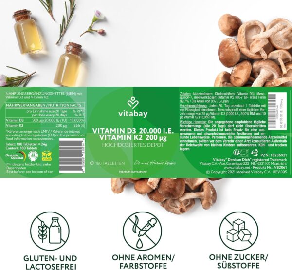 Vitabay Vitamin D3 K2 Hochdosiert 20000-180 VEGANE & LABORGEPRÜFTE Vitamin D Tabletten - D3 K2 Kapseln Hochdosiert - Vitamin D 20000 Hochdosiert D3K2 Vitamin D3 20000 hochdosiert Vitamin D K2 D3 – Bild 7