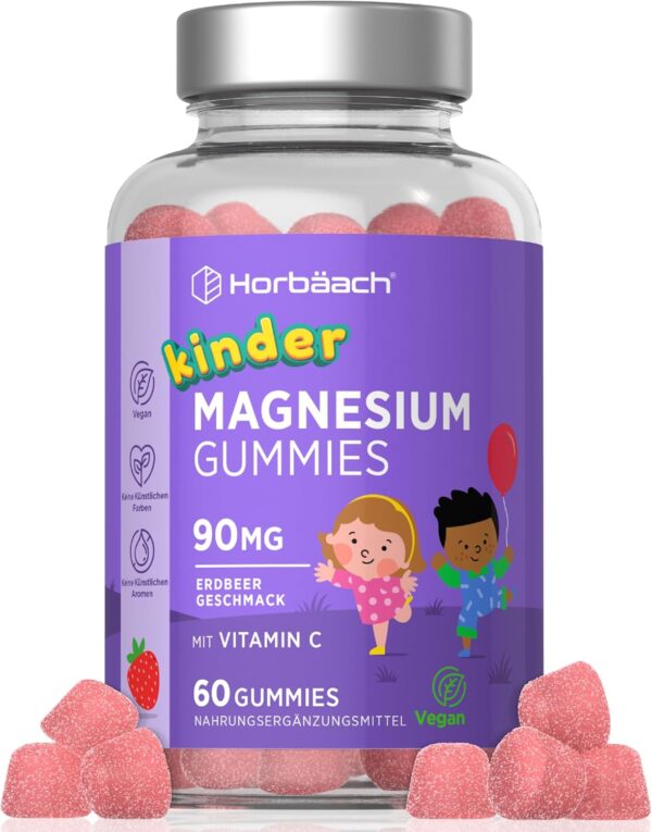 Magnesium Gummibärchen Kinder 90mg mit Vitamin C | 60 Magnesiumcitrat Vegane Gummies - 2 Monate Vorrat | Alternativ zu Kapseln & Tabletten | Magnesium Supplement for Children | von Horbaach